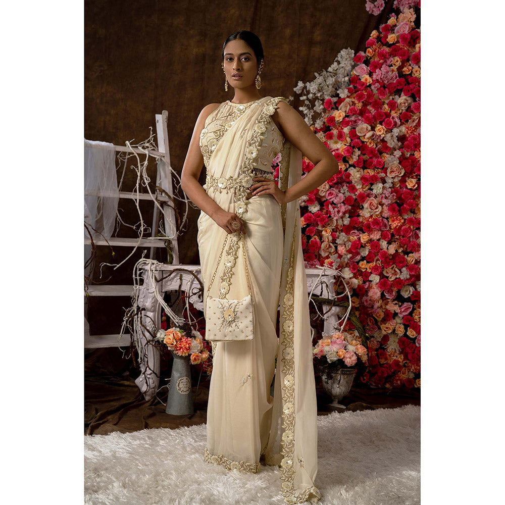 Farha Syed Beige Saree with Stitched Blouse, Petticoat, Belt and Bag