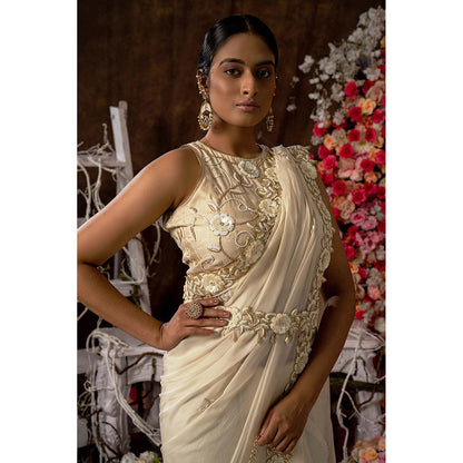 Farha Syed Beige Saree with Stitched Blouse, Petticoat, Belt and Bag