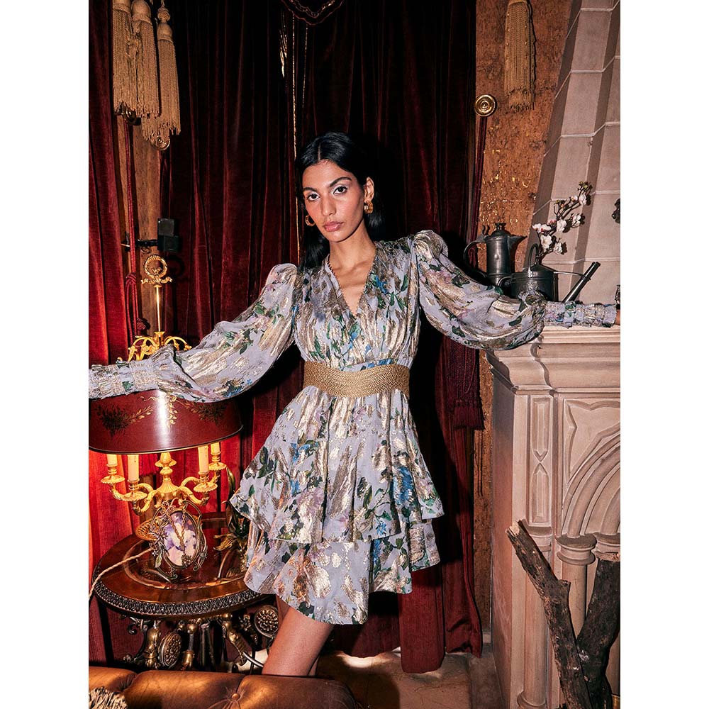 KANGANA TREHAN Blue Printed Dress with Rope Belt & Stone Embellishments (Set of 2)