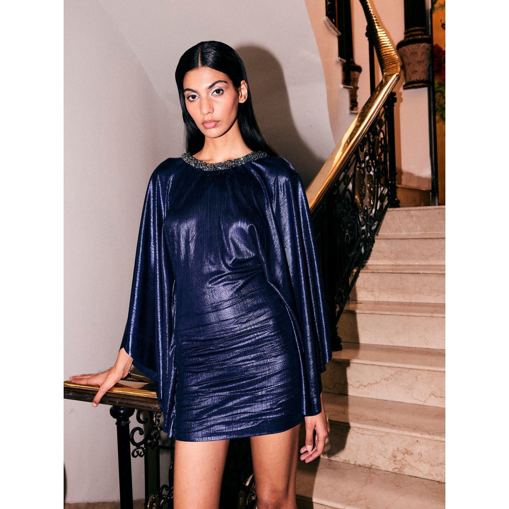 KANGANA TREHAN Starry Blue Metallic Liquid Jersey Dress with Flared Sleeve