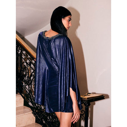 KANGANA TREHAN Starry Blue Metallic Liquid Jersey Dress with Flared Sleeve