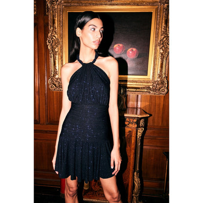 KANGANA TREHAN Midnight Blue Glitter Jersey Dress with Embellished Rope Neck