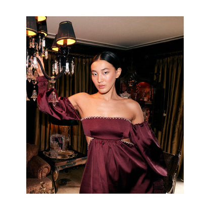 KANGANA TREHAN Maroon Satin Off-Shoulder Dress
