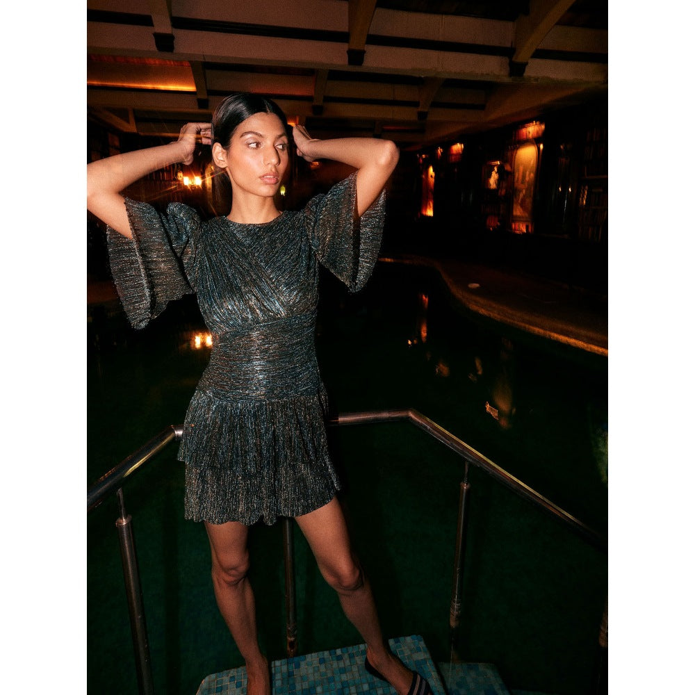 KANGANA TREHAN Teal Peacock Jersey Dress with Copper Embellishments