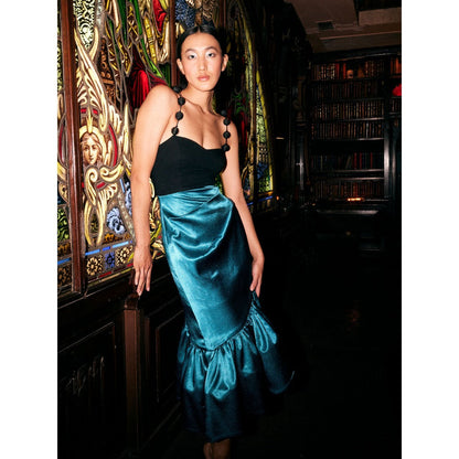 KANGANA TREHAN Teal Satin Cocktail Dress with Bead Straps