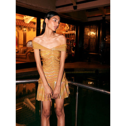 KANGANA TREHAN Mustard Metallic Jersey Off-Shoulder Dress