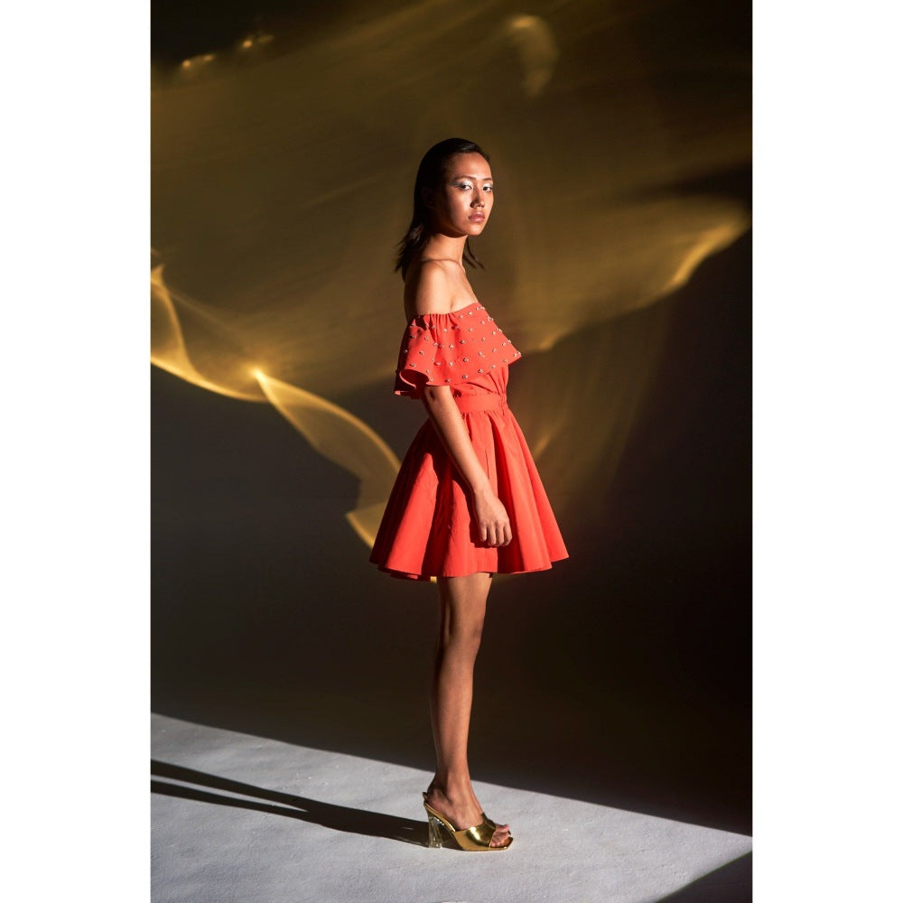 KANGANA TREHAN Orange Embellished Off-Shoulder Dress