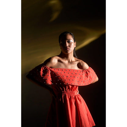 KANGANA TREHAN Orange Embellished Off-Shoulder Dress