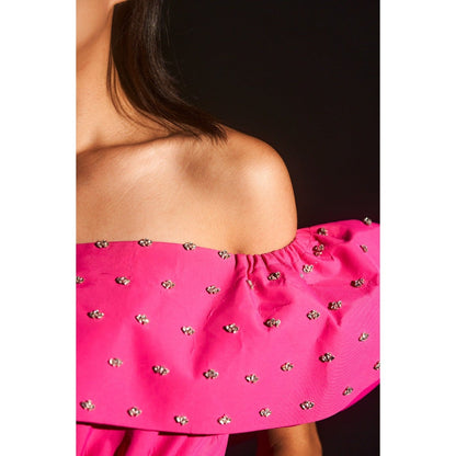 KANGANA TREHAN Pink Embellished Off-Shoulder Dress