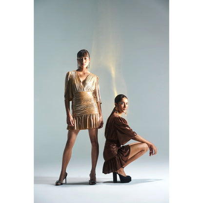 KANGANA TREHAN Deep Neck Gold Sheen Dress