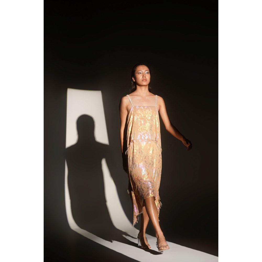 KANGANA TREHAN Peach Metallic Jacquard Chandelier Dress