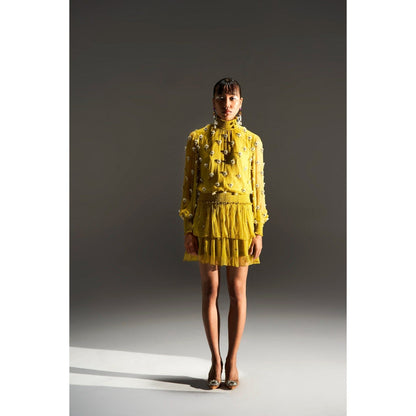 KANGANA TREHAN Lime Yellow Embellished High Neck Dress