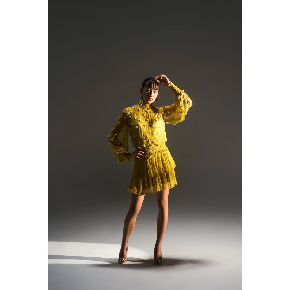 KANGANA TREHAN Lime Yellow Embellished High Neck Dress