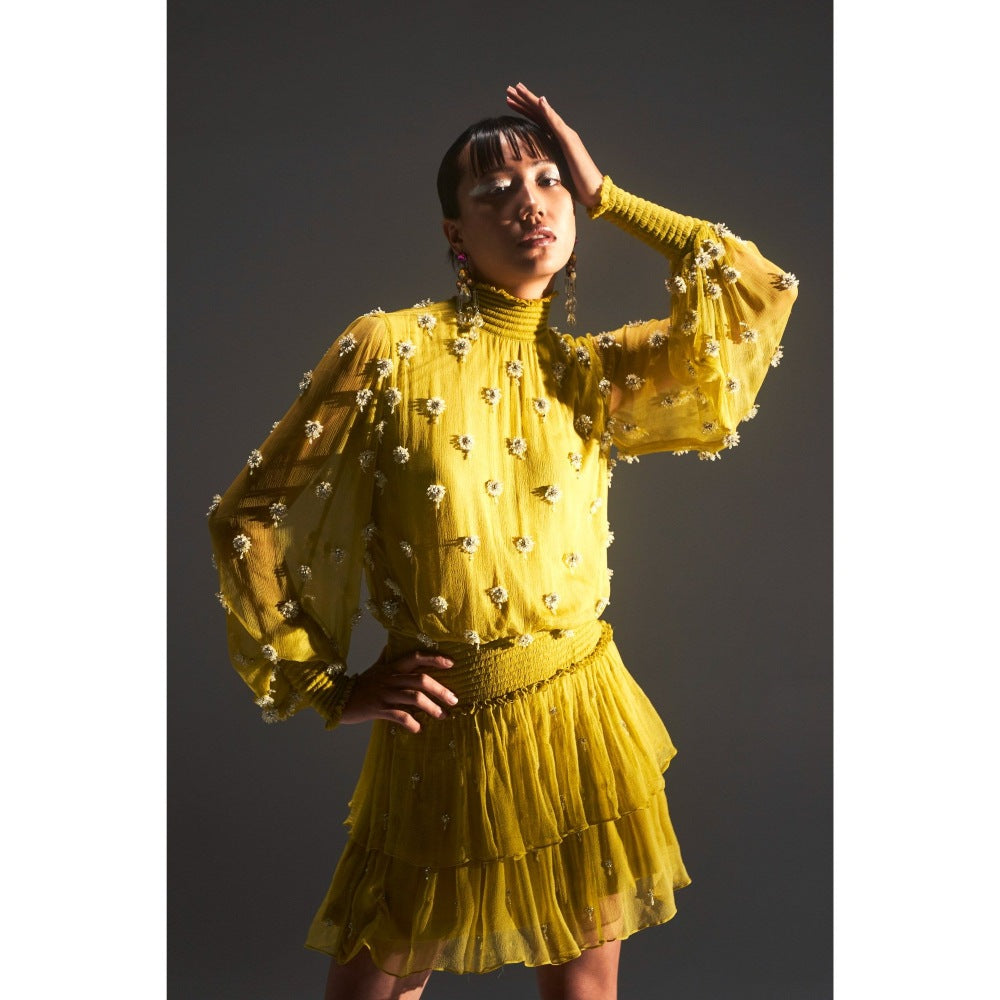 KANGANA TREHAN Lime Yellow Embellished High Neck Dress