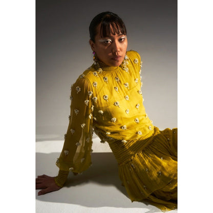 KANGANA TREHAN Lime Yellow Embellished High Neck Dress