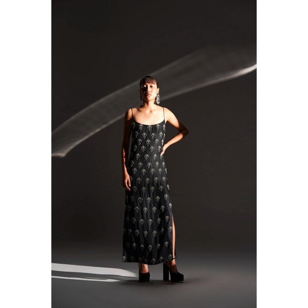 KANGANA TREHAN Black Strappy Embellished Dress with Slits