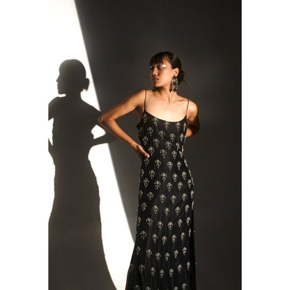 KANGANA TREHAN Black Strappy Embellished Dress with Slits