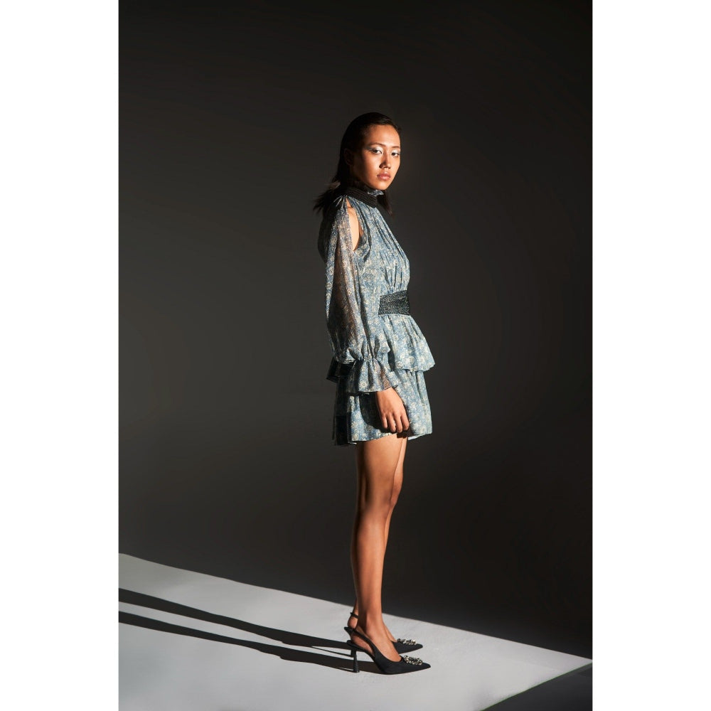 KANGANA TREHAN Floral Print Ruched Sleeves High Neck Dress