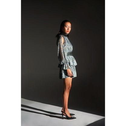 KANGANA TREHAN Floral Print Ruched Sleeves High Neck Dress