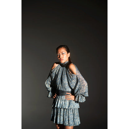 KANGANA TREHAN Floral Print Ruched Sleeves High Neck Dress