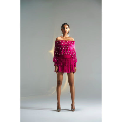 KANGANA TREHAN Pink Ruched Sleeves Dress with Swarovski Crystals