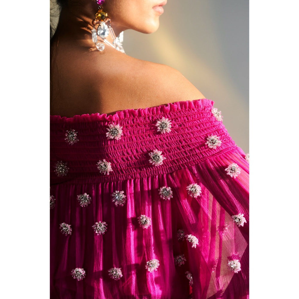 KANGANA TREHAN Pink Ruched Sleeves Dress with Swarovski Crystals
