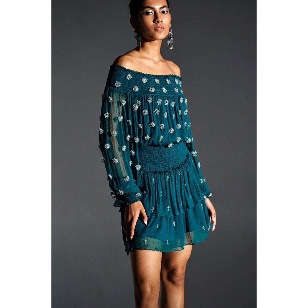 KANGANA TREHAN Teal Ruched Sleeves Dress with Swarovski Crystals