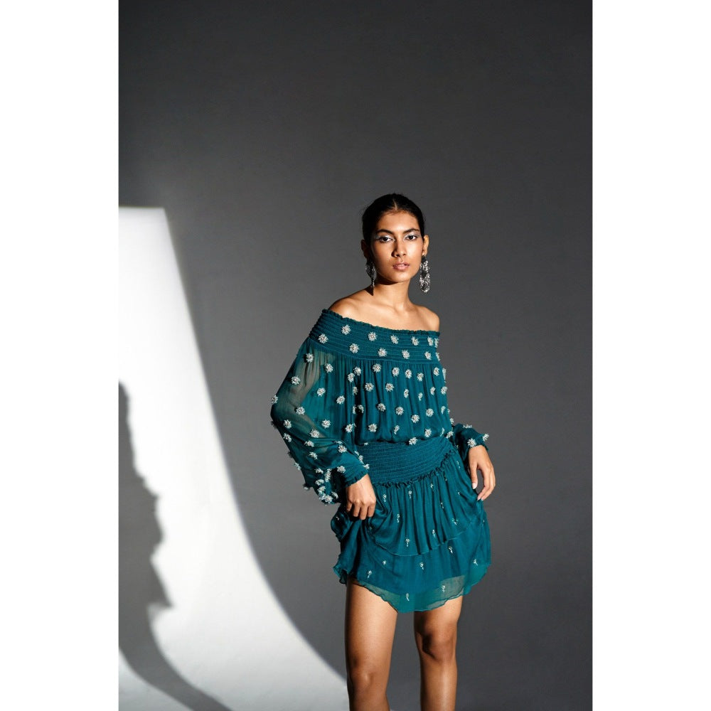 KANGANA TREHAN Teal Ruched Sleeves Dress with Swarovski Crystals