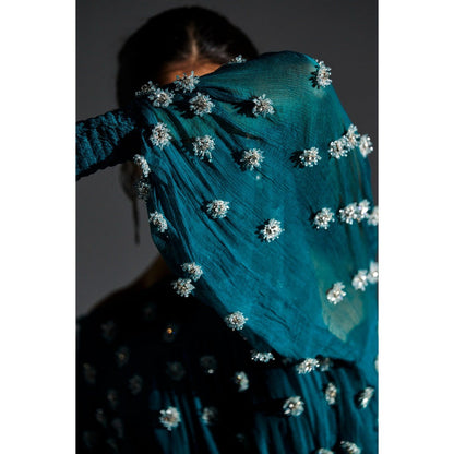 KANGANA TREHAN Teal Ruched Sleeves Dress with Swarovski Crystals