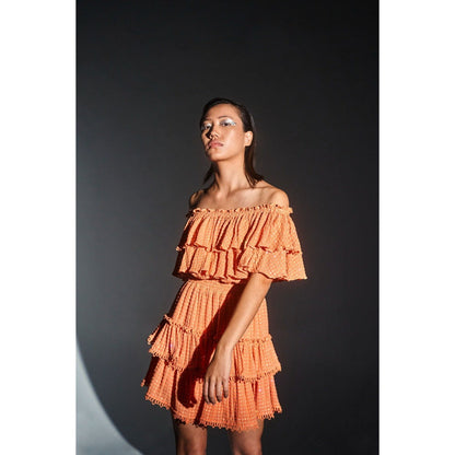 KANGANA TREHAN Orange Off-Shoulder Sequinned Ruffle Dress
