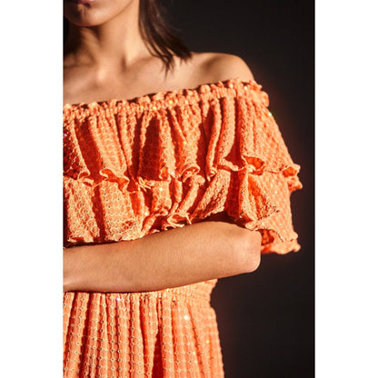 KANGANA TREHAN Orange Off-Shoulder Sequinned Ruffle Dress