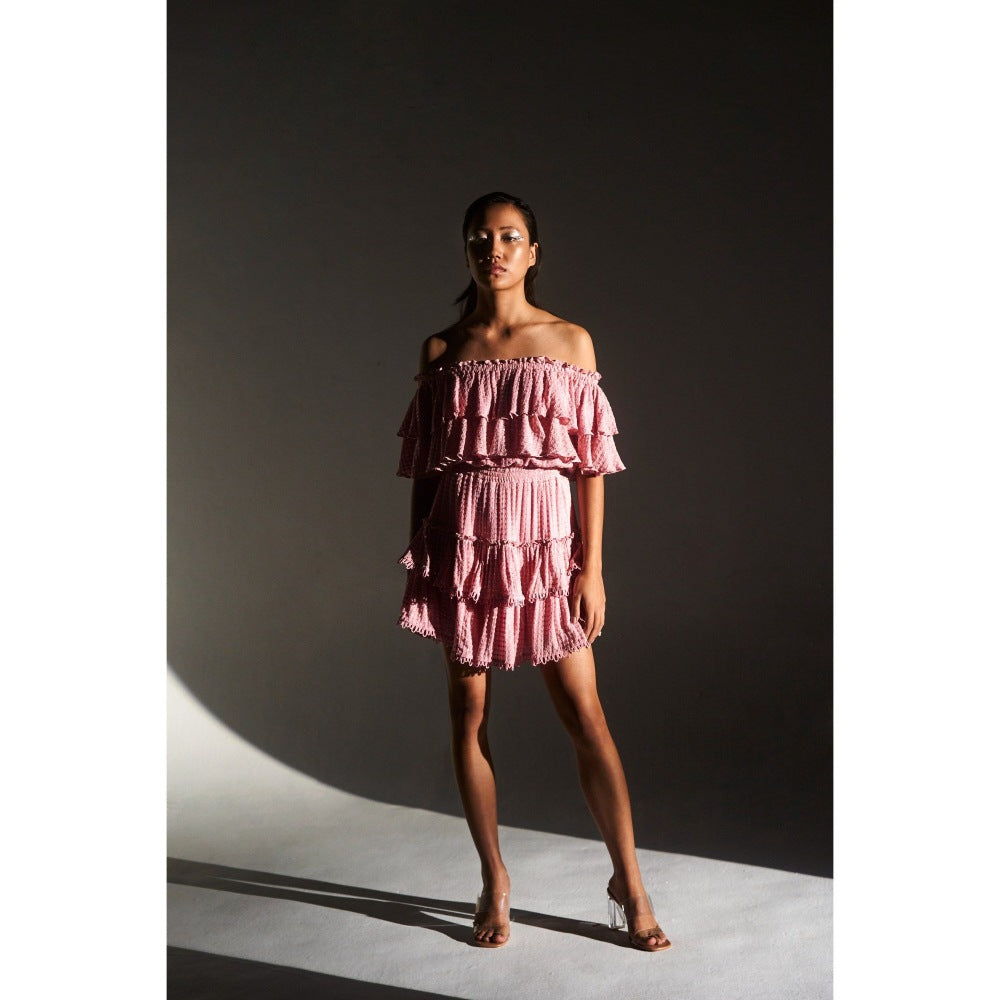 KANGANA TREHAN Pink Off-Shoulder Sequinned Ruffle Dress