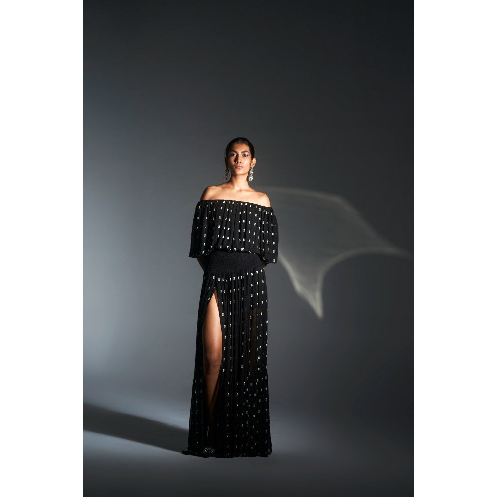 KANGANA TREHAN Black Off Shoulder Maxi Dress with Slits