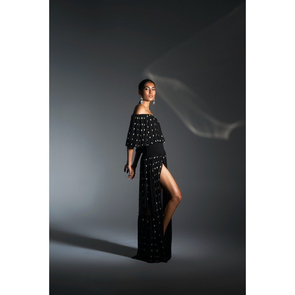 KANGANA TREHAN Black Off Shoulder Maxi Dress with Slits