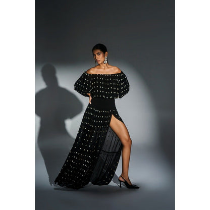 KANGANA TREHAN Black Off Shoulder Maxi Dress with Slits