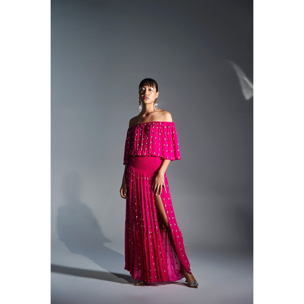 KANGANA TREHAN Hot Pink Off Shoulder Maxi Dress with Slits