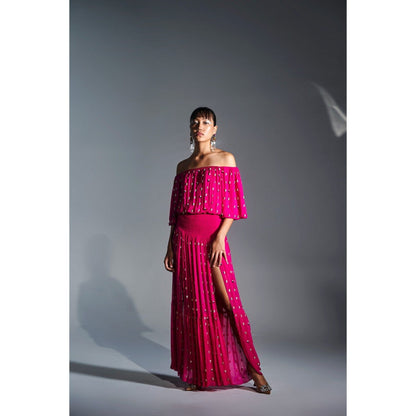 KANGANA TREHAN Hot Pink Off Shoulder Maxi Dress with Slits