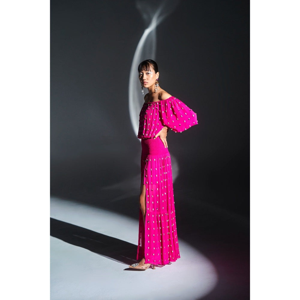 KANGANA TREHAN Hot Pink Off Shoulder Maxi Dress with Slits