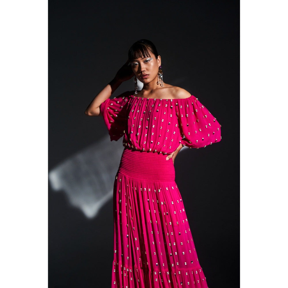 KANGANA TREHAN Hot Pink Off Shoulder Maxi Dress with Slits