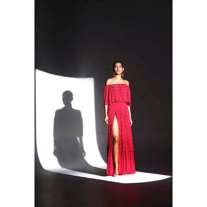KANGANA TREHAN Red Off Shoulder Maxi Dress with Slits