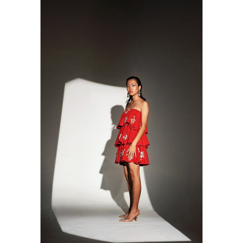 KANGANA TREHAN Red Layered Tube Dress with Embellishments