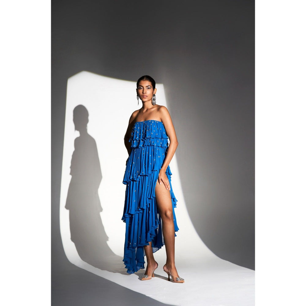 KANGANA TREHAN Blue Midi Tube Dress with Gold Embellishments