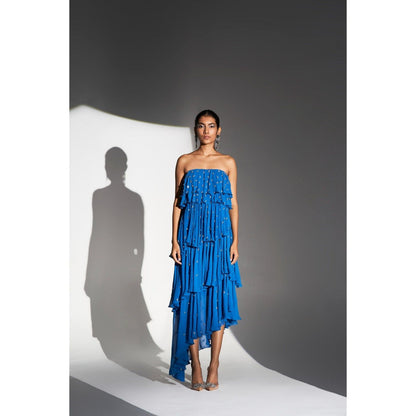 KANGANA TREHAN Blue Midi Tube Dress with Gold Embellishments