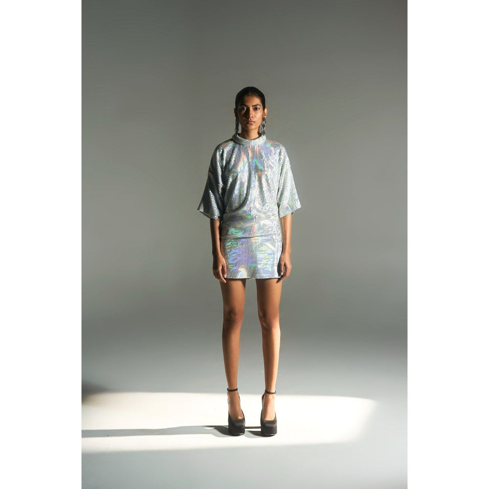 KANGANA TREHAN Silver Metallic Jersey Rainbow Dress