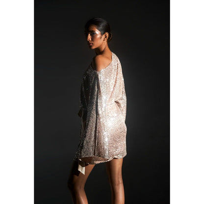 KANGANA TREHAN Peach Embellished Wrap Dress with Satin Belt (Set of 2)