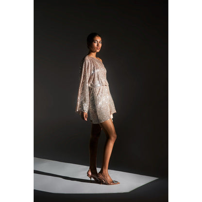 KANGANA TREHAN Peach Embellished Wrap Dress with Satin Belt (Set of 2)