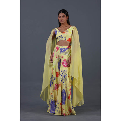 GAGAN VOHRA Sun Coral Cape Sleeve Divided Co-Ord Set- Yellow