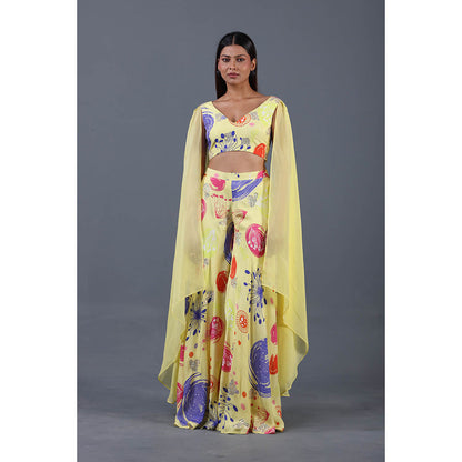 GAGAN VOHRA Sun Coral Cape Sleeve Divided Co-Ord Set- Yellow