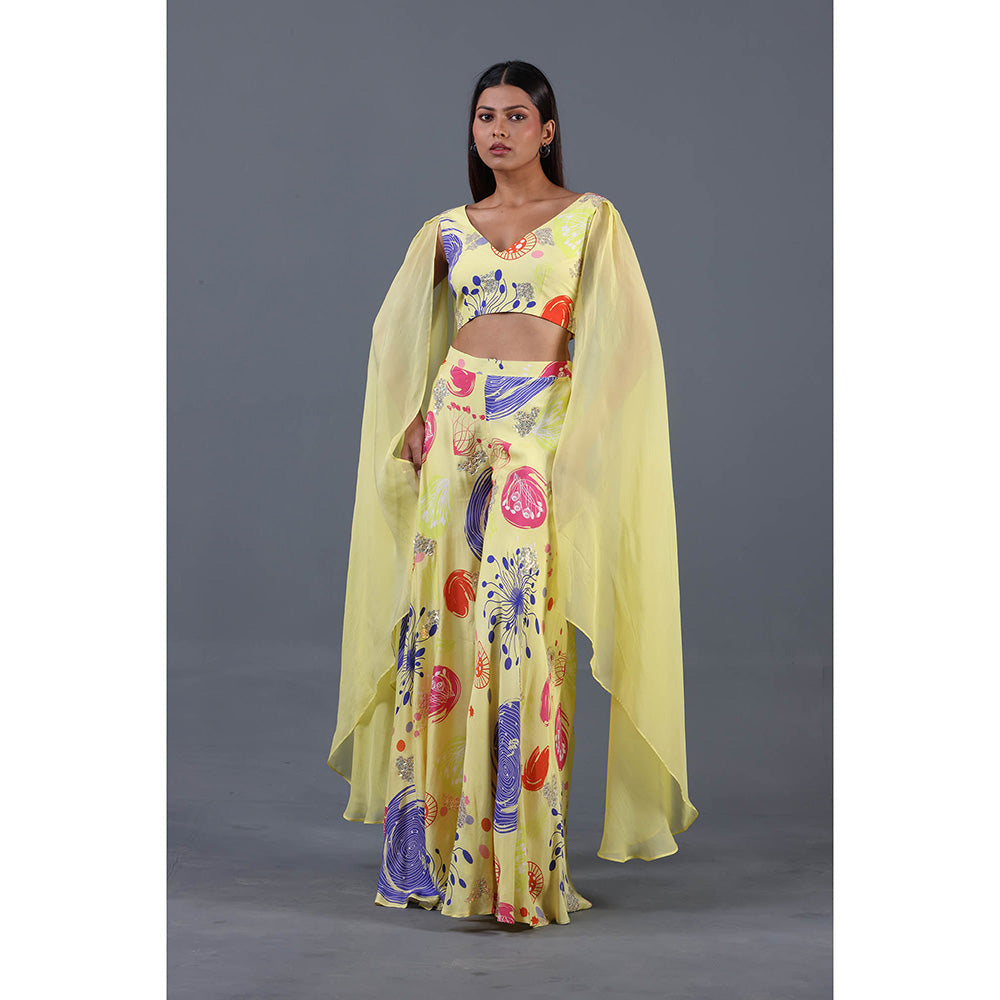 GAGAN VOHRA Sun Coral Cape Sleeve Divided Co-Ord Set- Yellow