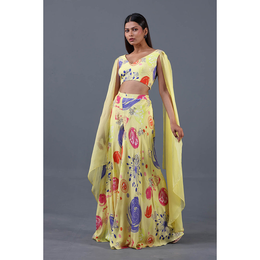 GAGAN VOHRA Sun Coral Cape Sleeve Divided Co-Ord Set- Yellow